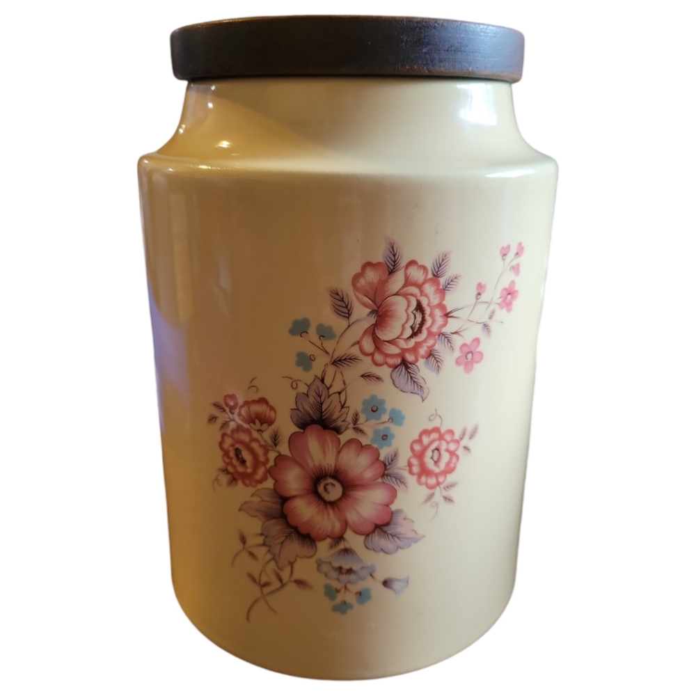 Vtg 60s Nyalyn Canister Cookie Jar Spring Flowers Sealing Wooden Lid Pottery